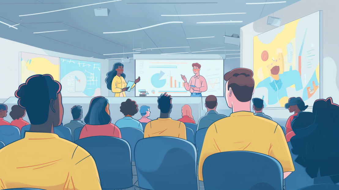 Illustration of a lecture hall setting with two people presenting