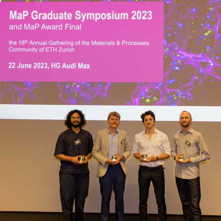 All four MaP Award 2023 finalists in front of the MaP Graduate Symposium 2023 welcome scree