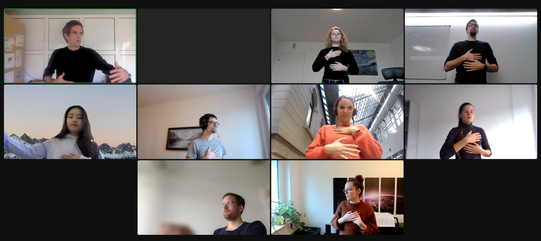 Zoom screenshot of participants practising their pitches