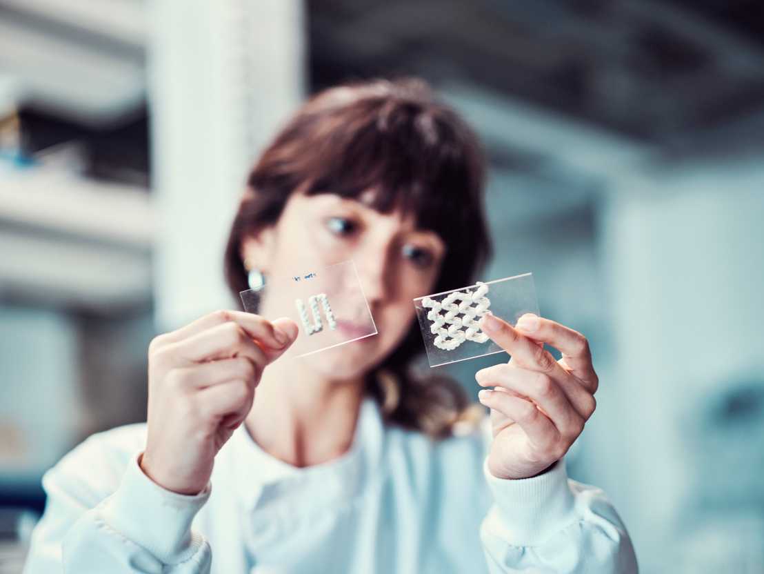 A young woman holding up two transparent slides with a white structure on them