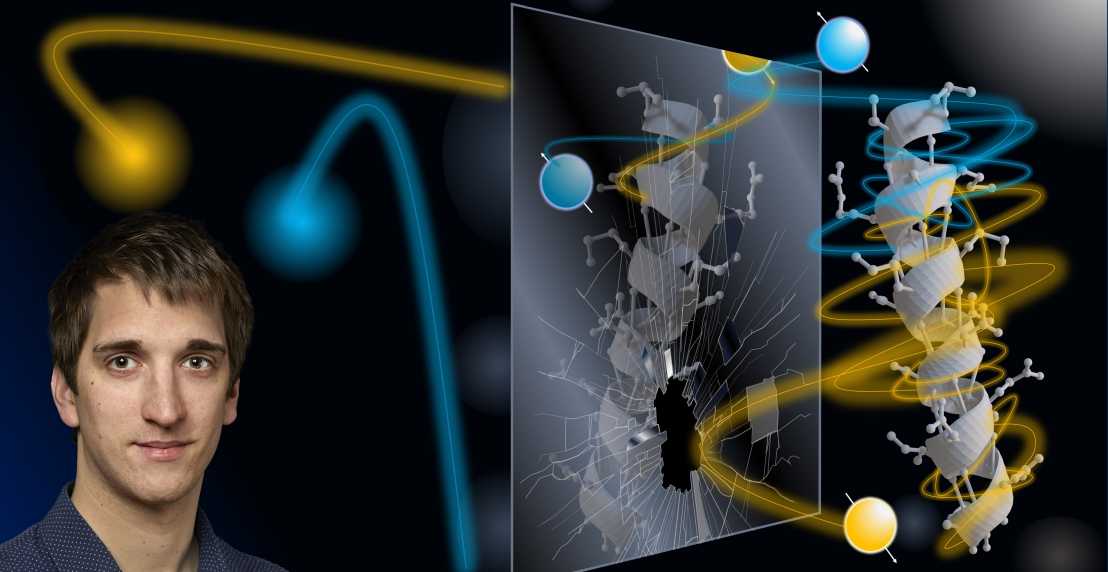 Portrait of a young man on the left in a collage of a shattered mirror, yellow and blue balls flying around a grey helix (reflected in the mirror)